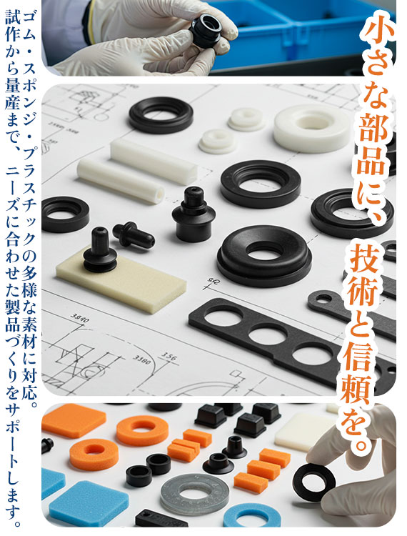 小さな部品に、技術と信頼を。ゴム・スポンジ・プラスチックの多様な素材に対応。試作から量産まで、ニーズに合わせた製品づくりをサポートします。